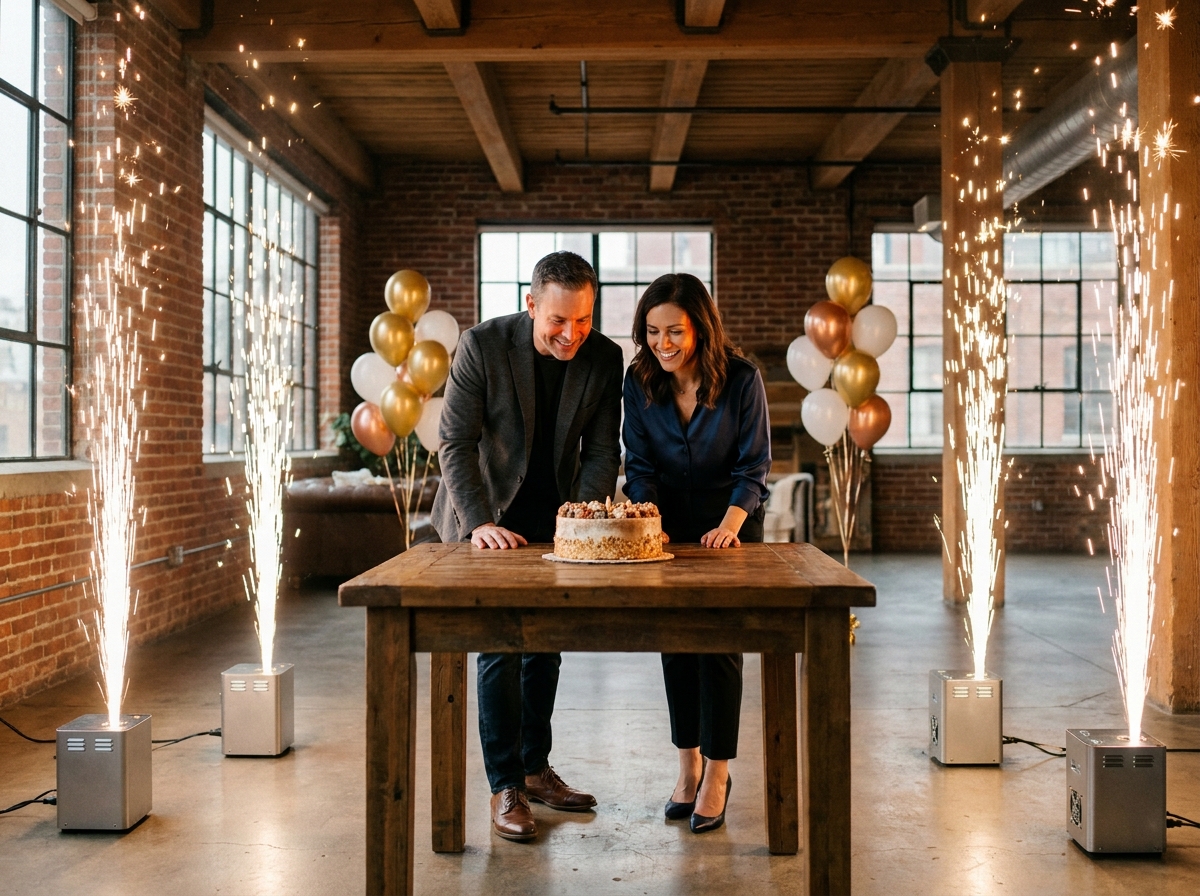 Fontaines à étincelles froides d'intérieur encadrant un gâteau d'anniversaire dans un loft urbain festif