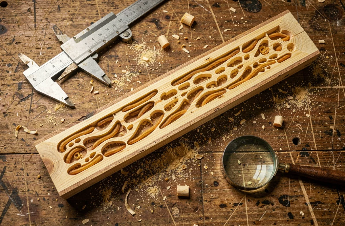 Coupe transversale d'une poutre en bois révélant les galeries creusées par les larves du capricorne des maisons