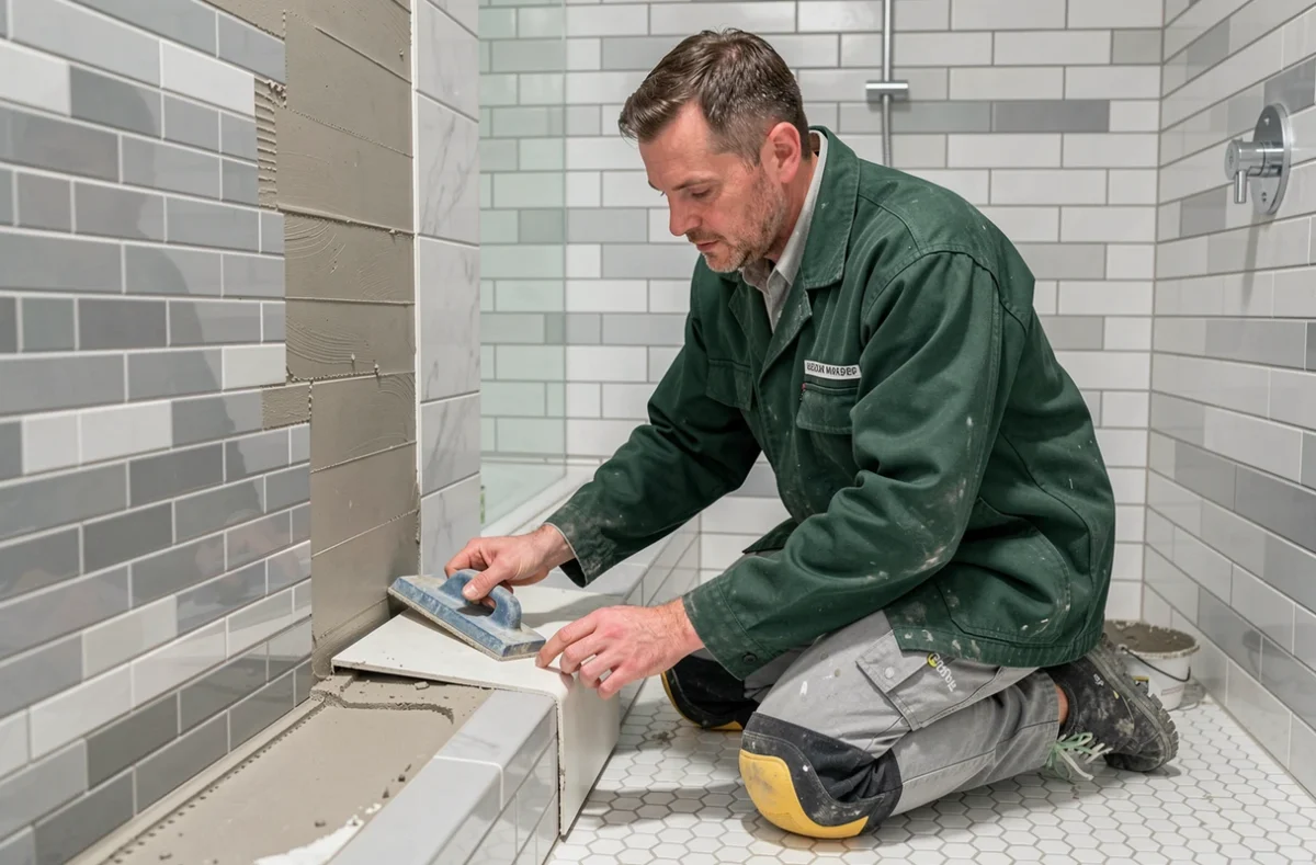 Carreleur Ganzitti appliquant le joint sur un carrelage mosaïque dans une salle de bain à Hoenheim