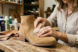Femme utilisant une gomme à nubuck pour nettoyer une botte en daim beige sur un établi en bois