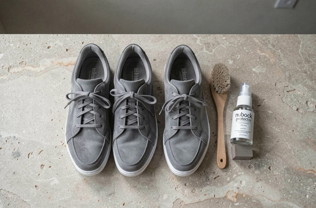 Pose à plat d'une gomme à nubuck, brosse suède et sneakers gris sur une surface en pierre pour guide d'entretien du nubuck