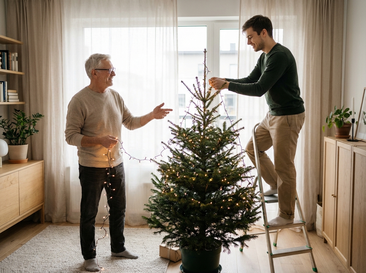 Grand-père portant des lunettes anti-reflet et son petit-fils adulte décorant ensemble un sapin de Noël avec des guirlandes LED douces