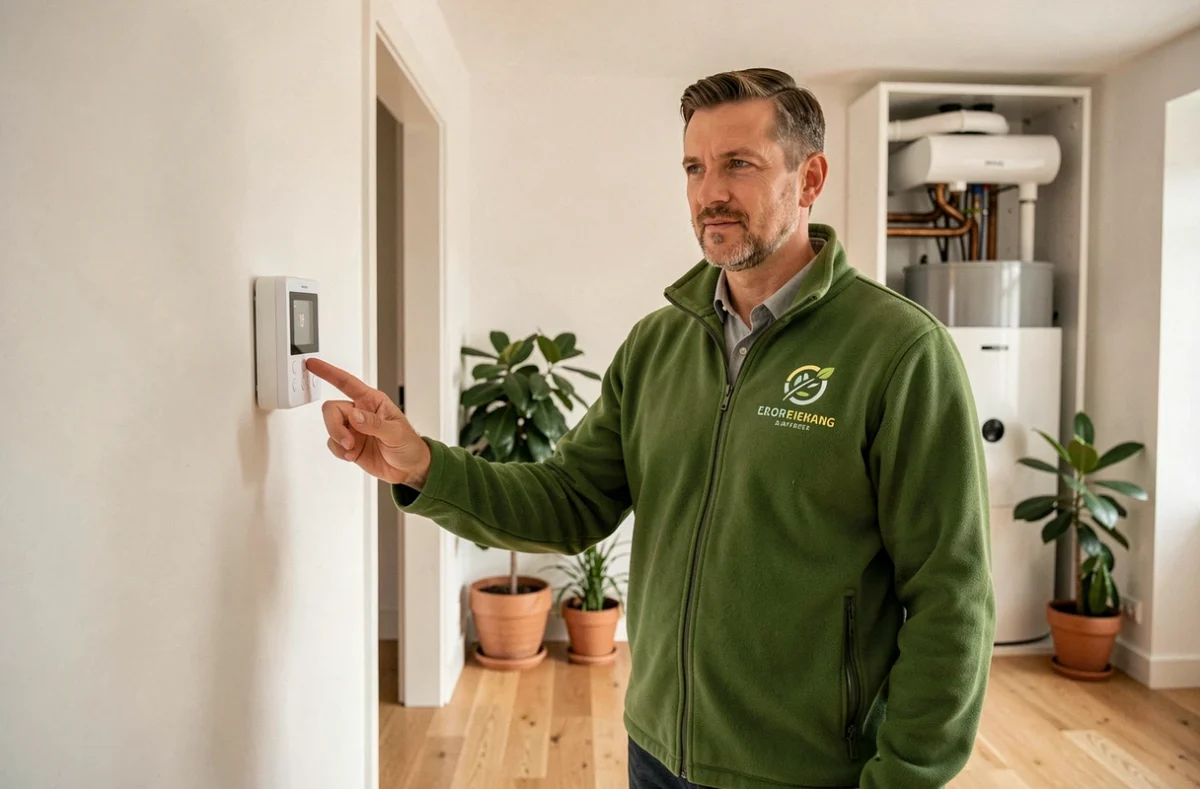 Conseiller de Green Confort Énergie présentant le thermostat d'une pompe à chaleur installée dans une maison rénovée en Seine-Saint-Denis