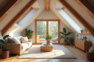 Espace grenier rénové avec design moderne et lumière naturelle