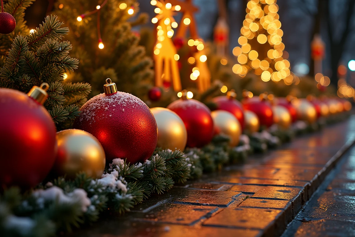 Gros plan de boules de Noël géantes illuminées en rouge et or dans un jardin enneigé avec reflets sur le pavé mouillé