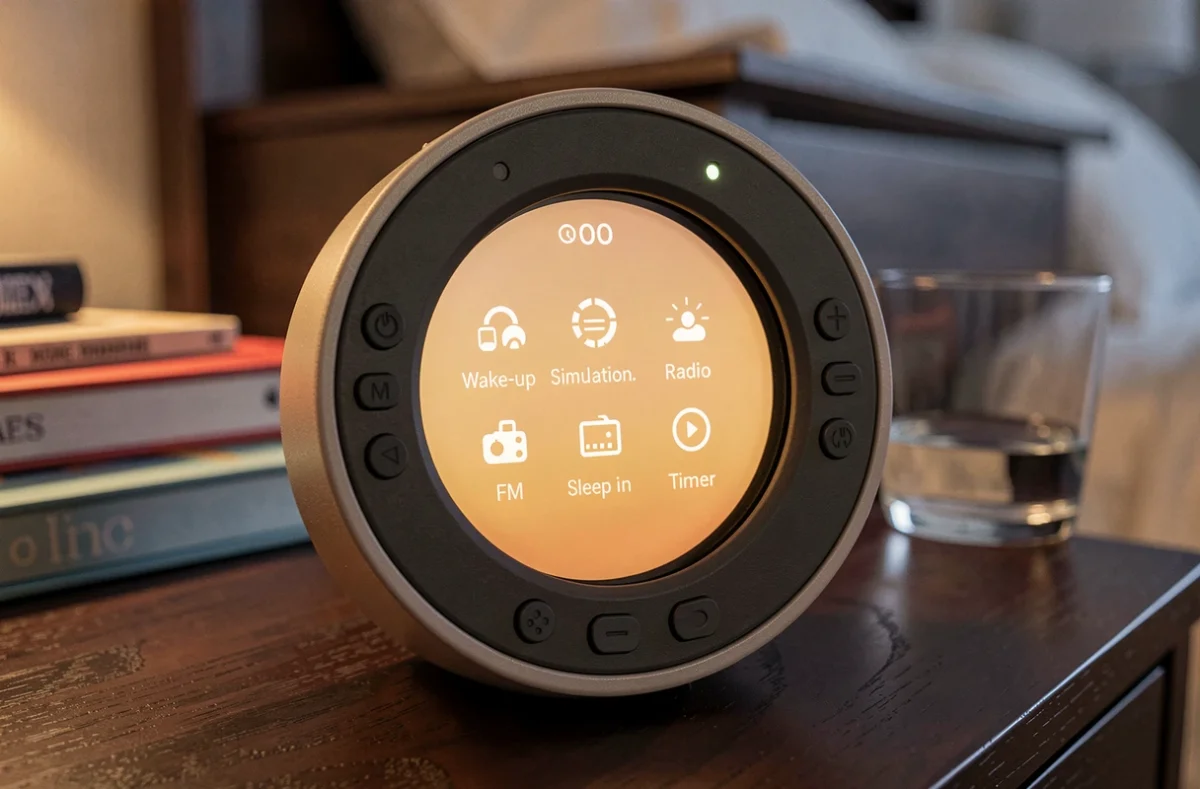 Gros plan sur l'écran et les boutons de réglage d'un réveil lumineux simulateur d'aube posé sur une table de chevet