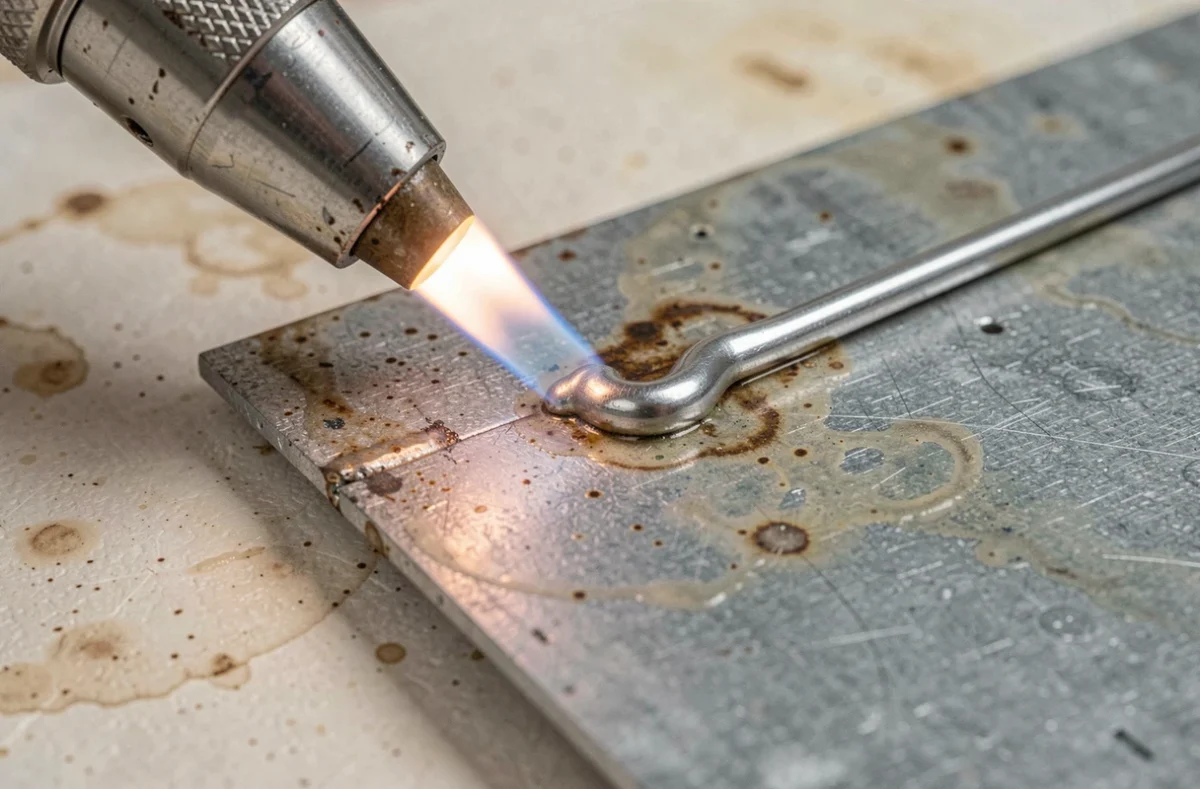 Gros plan sur un joint de zinc soudé à l'étain avec chalumeau, montrant le cordon de soudure en cours de fusion