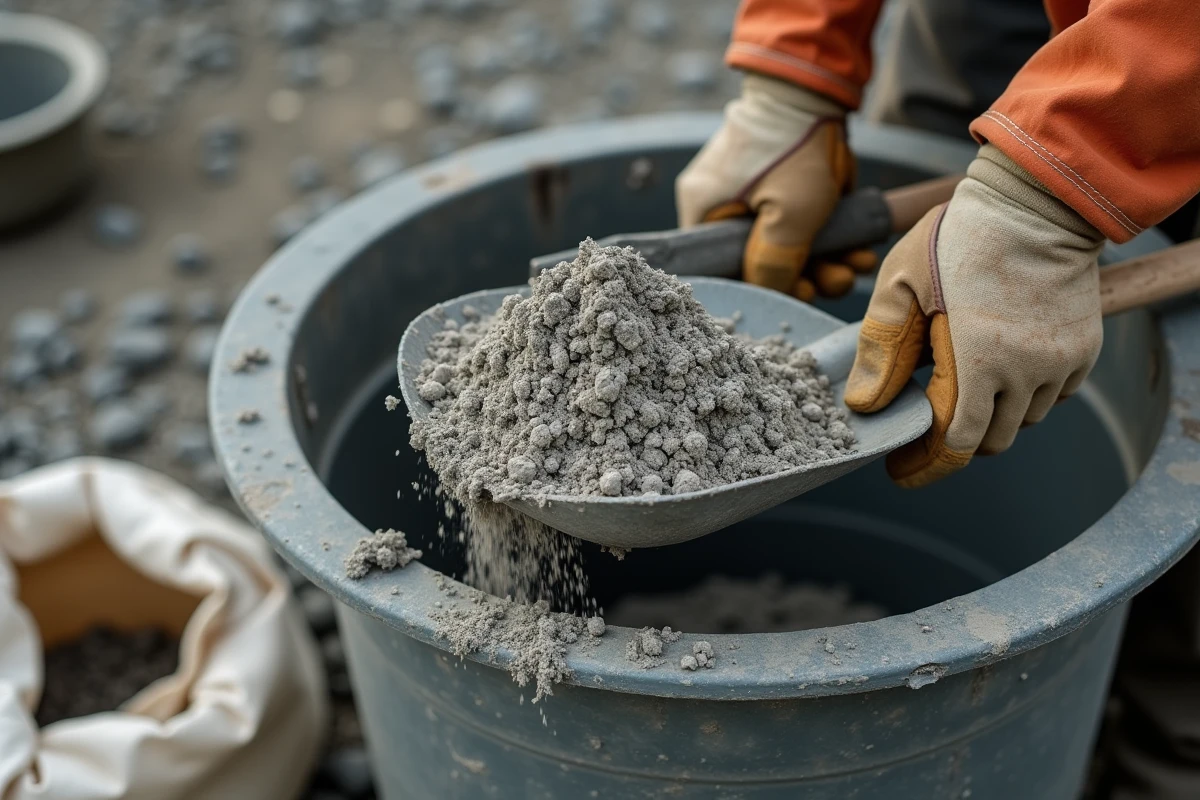 Gros plan sur une pelle chargée de béton sec dosée manuellement au-dessus d'une bétonnière