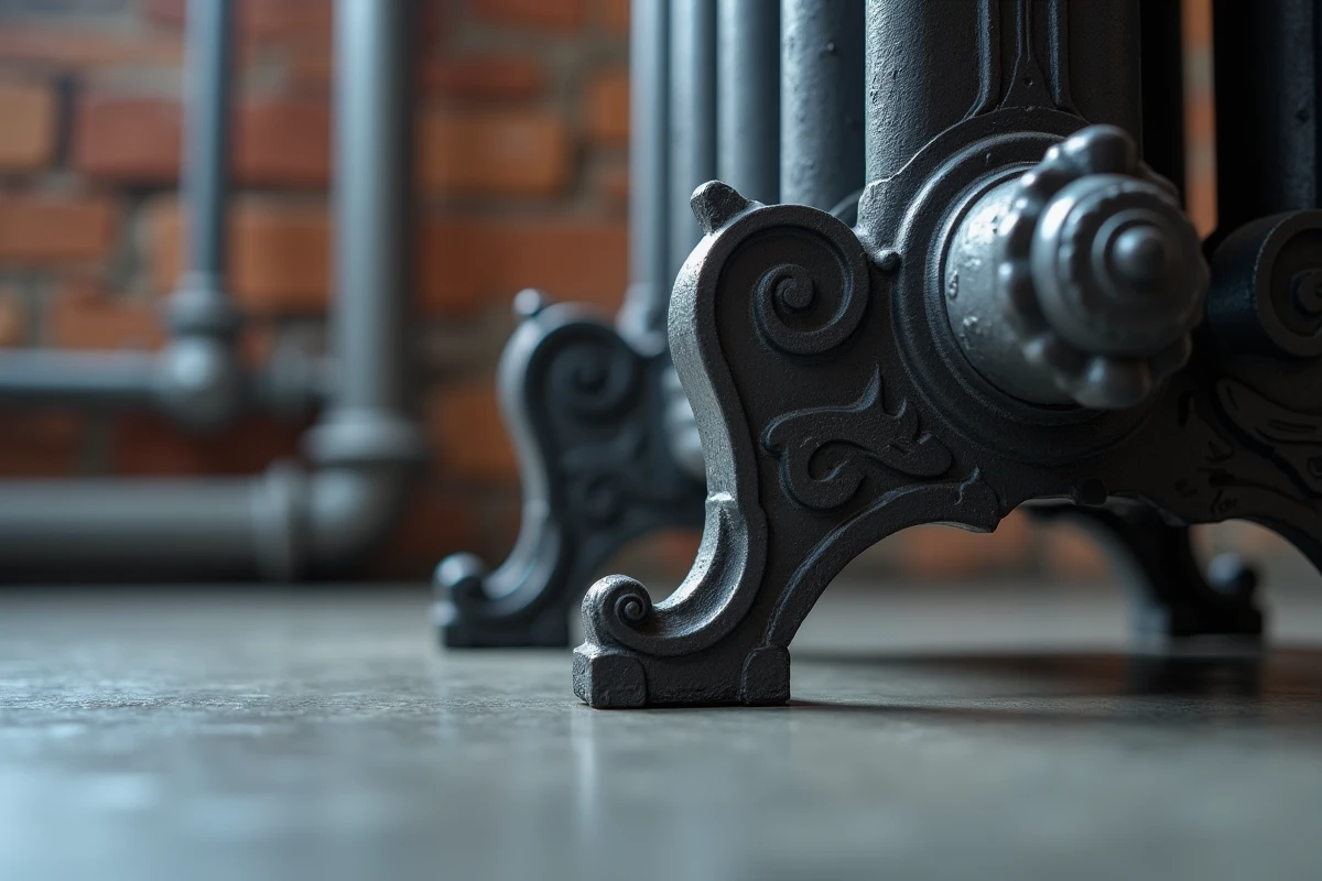Gros plan sur pieds de radiateur fonte style industriel en finition anthracite sur sol béton ciré