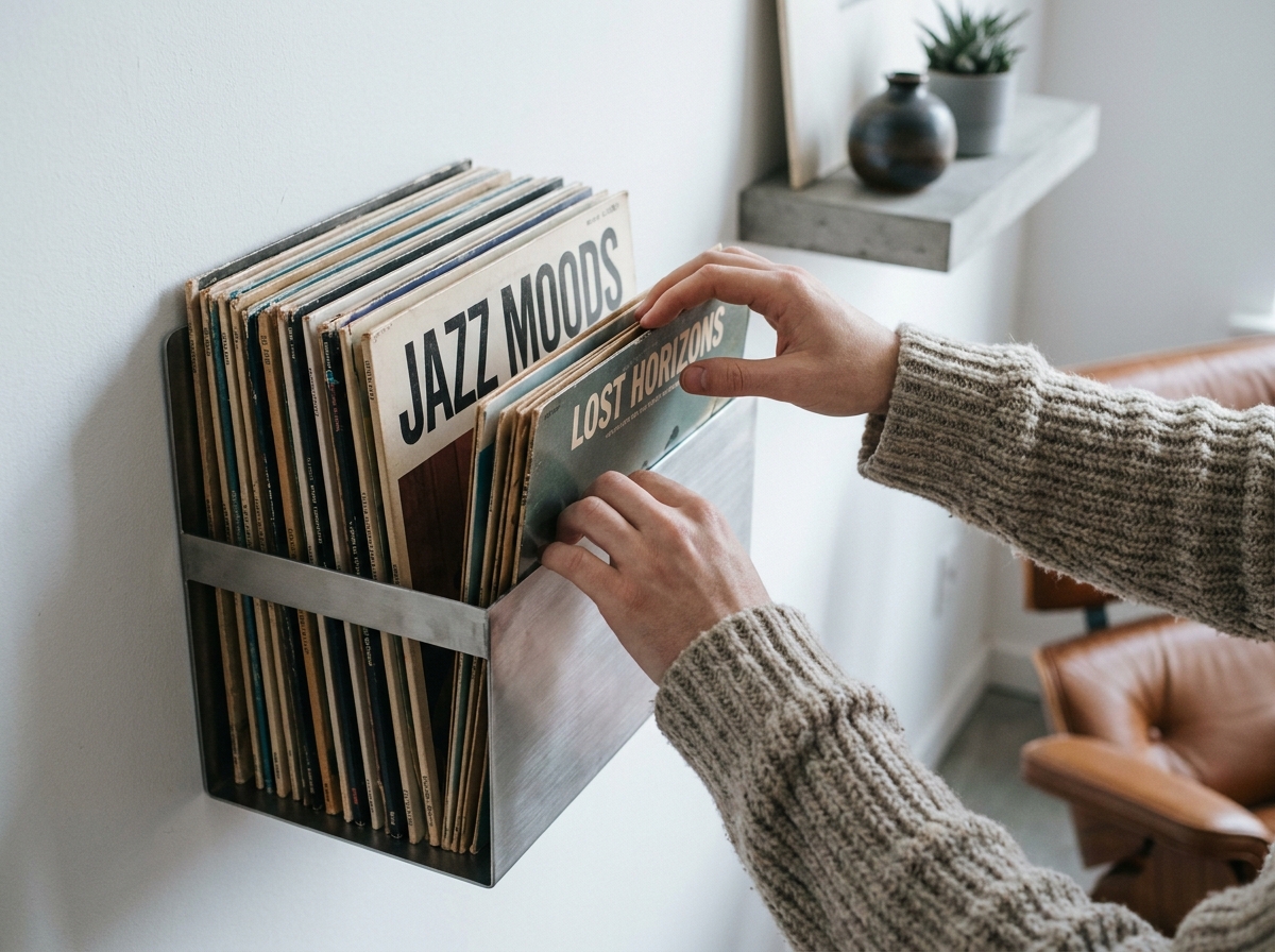 Gros plan de mains feuilletant des vinyles rangés dans un rack mural en acier dans un appartement minimaliste