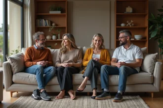 Groupe d'adultes souriants dans un salon moderne