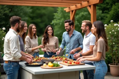 Groupe d'adultes rieurs autour d'une cuisine extérieure