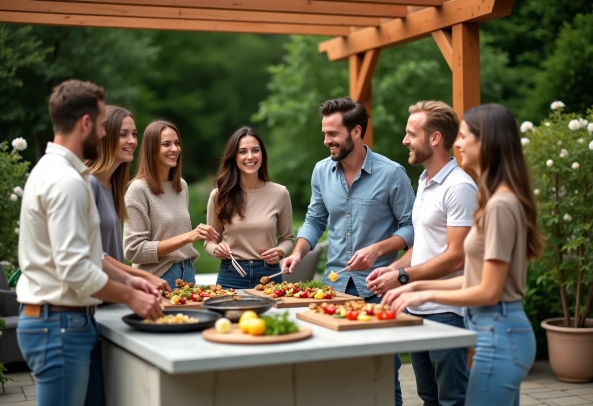 Groupe d'adultes rieurs autour d'une cuisine extérieure