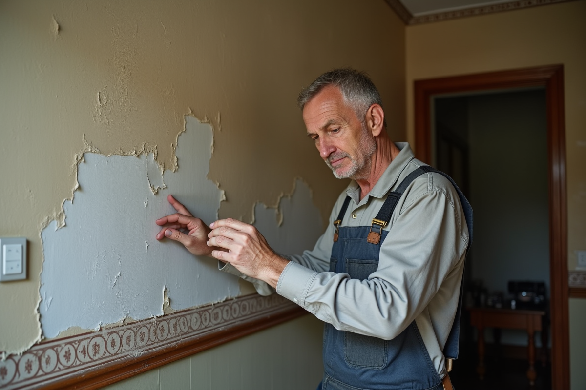 Homme d'âge moyen examinant des taches de selpetre sur un mur intérieur