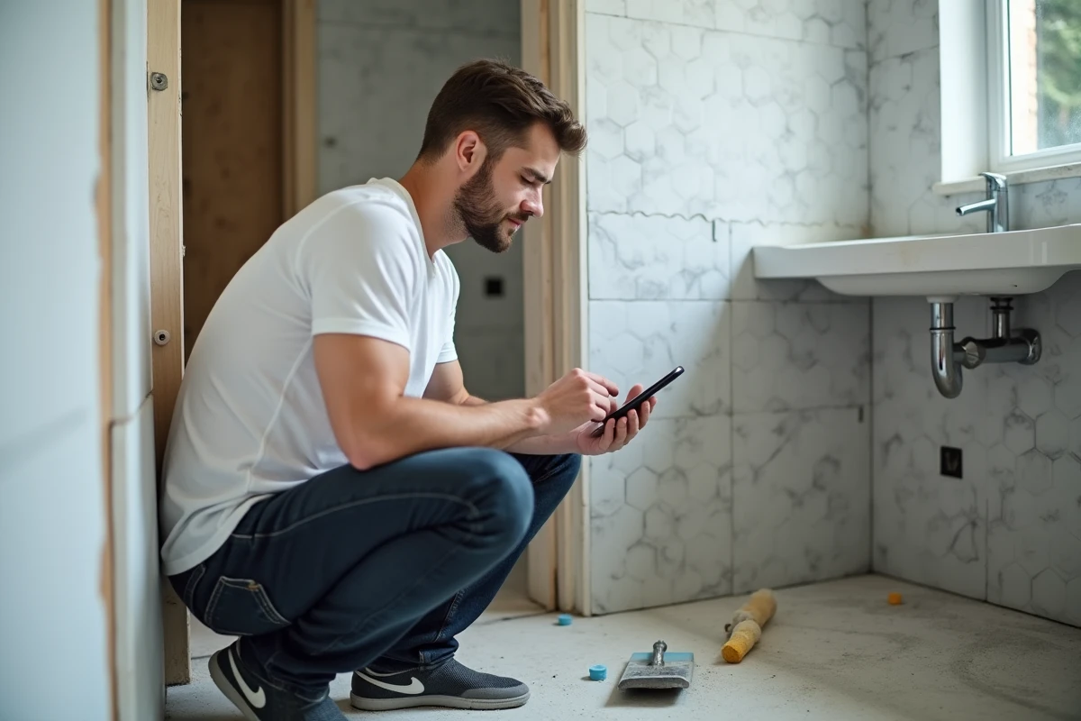 Homme consultant une application de budget travaux sur smartphone dans une salle de bain en cours de rénovation avec carrelage neuf et murs bruts