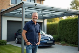 Homme d'âge moyen assemble un carport en aluminium dans une cour moderne