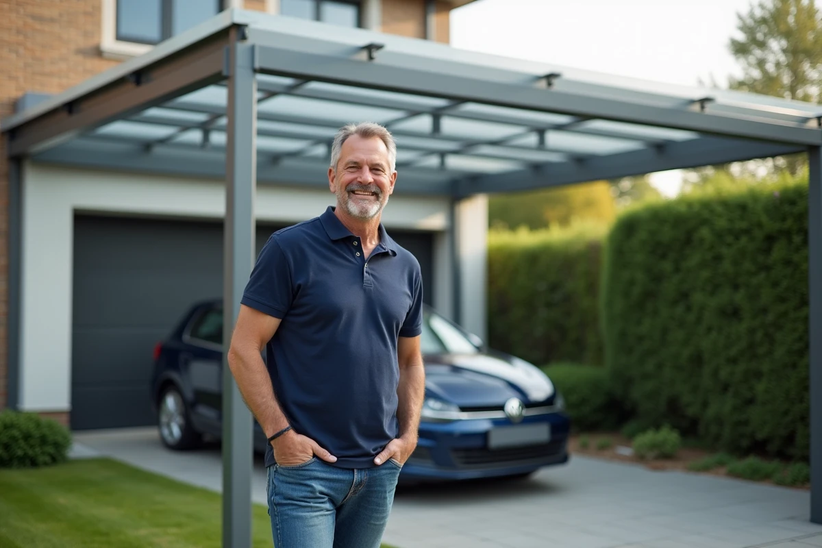 Homme d'âge moyen assemble un carport en aluminium dans une cour moderne