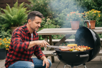 Homme d'âge moyen cuisine au barbecue en plein air