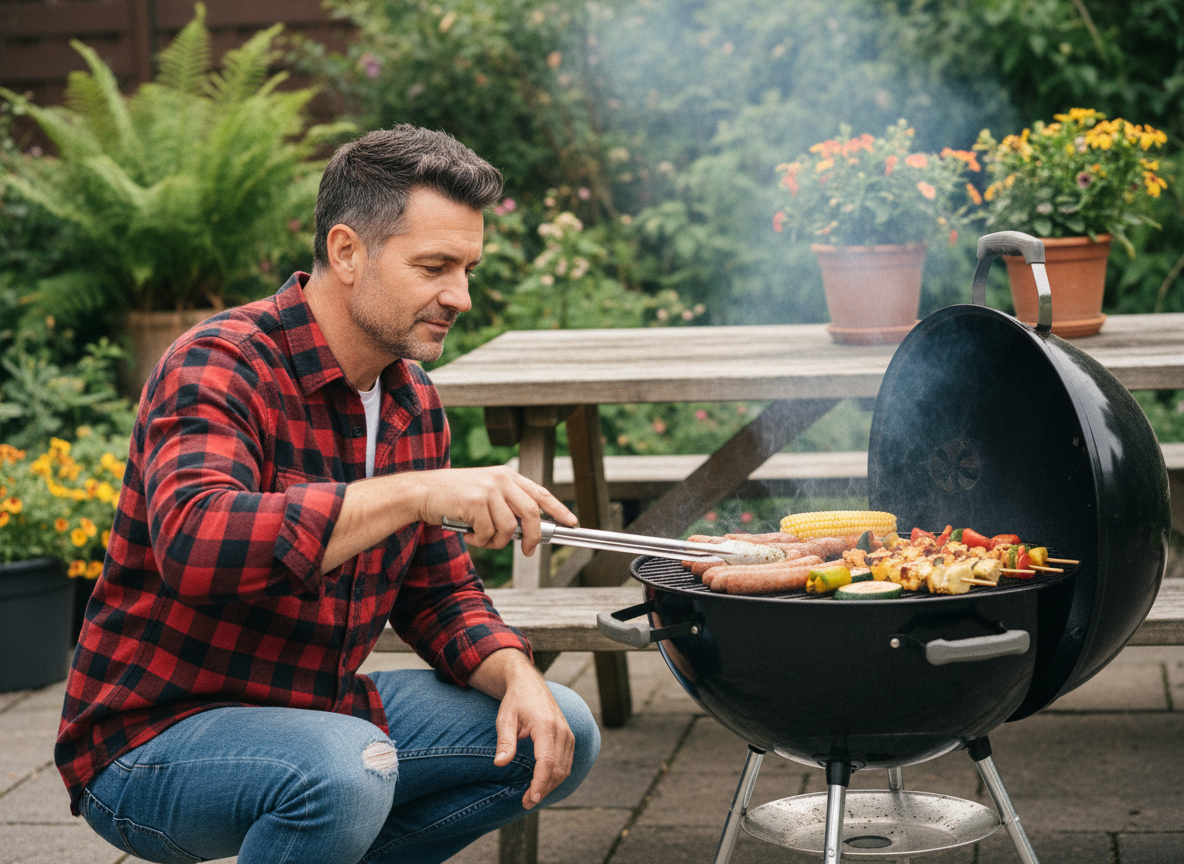 Homme d'âge moyen cuisine au barbecue en plein air