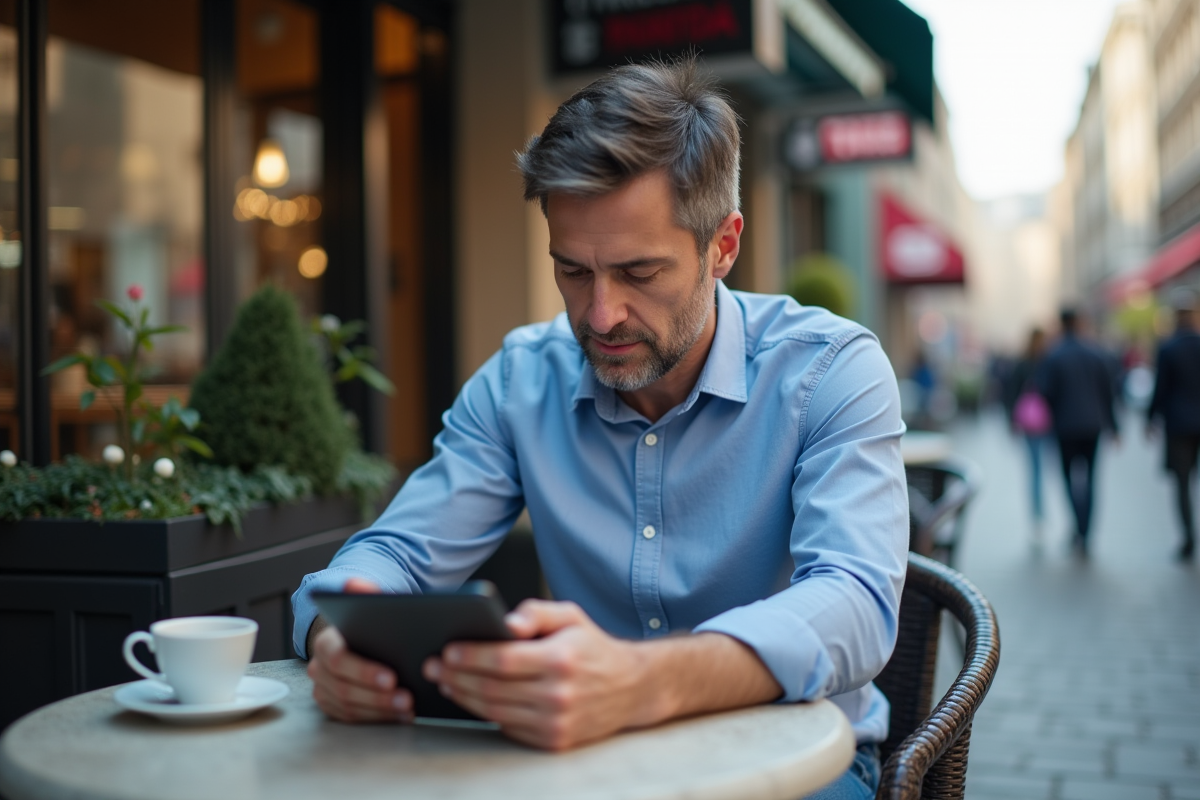 Homme au café utilisant tablette et smartphone