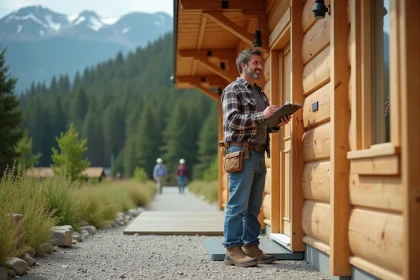 Homme souriant inspectant un chalet en bois neuf