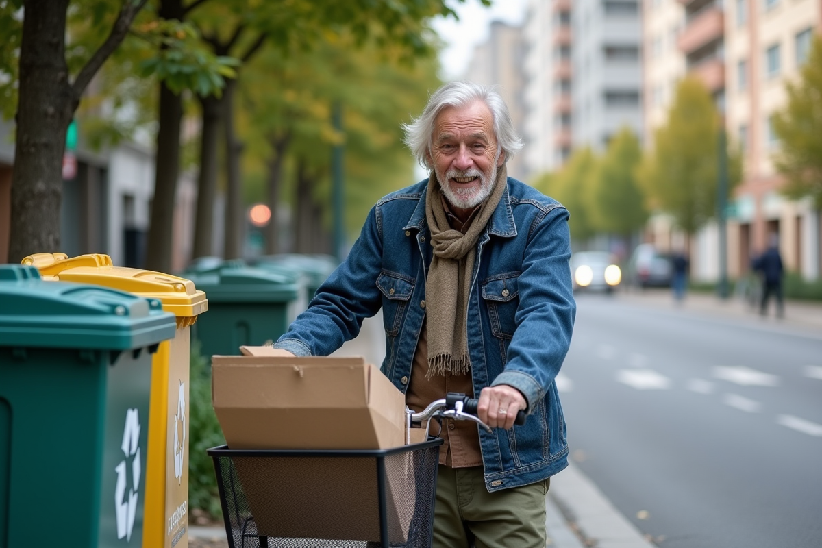 Homme âgé collectant des cartons pour le recyclage en ville