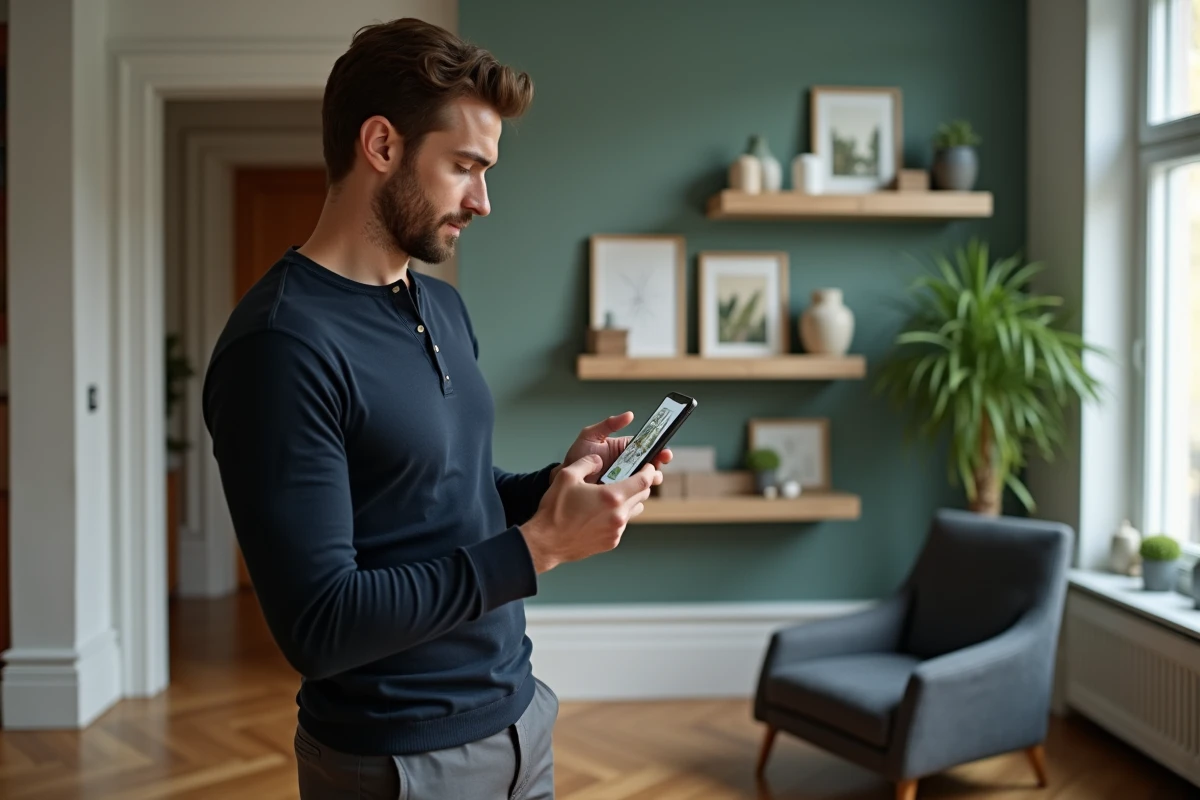 Homme comparant la visualisation d'une application de décoration avec son mur de salon aménagé avec étagères et cadres