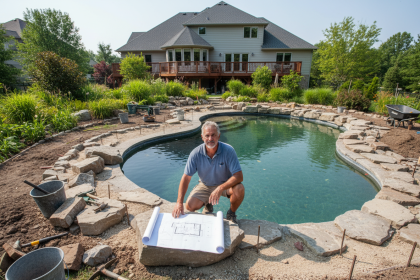 Homme en shorts et polo près d'une piscine naturelle en construction