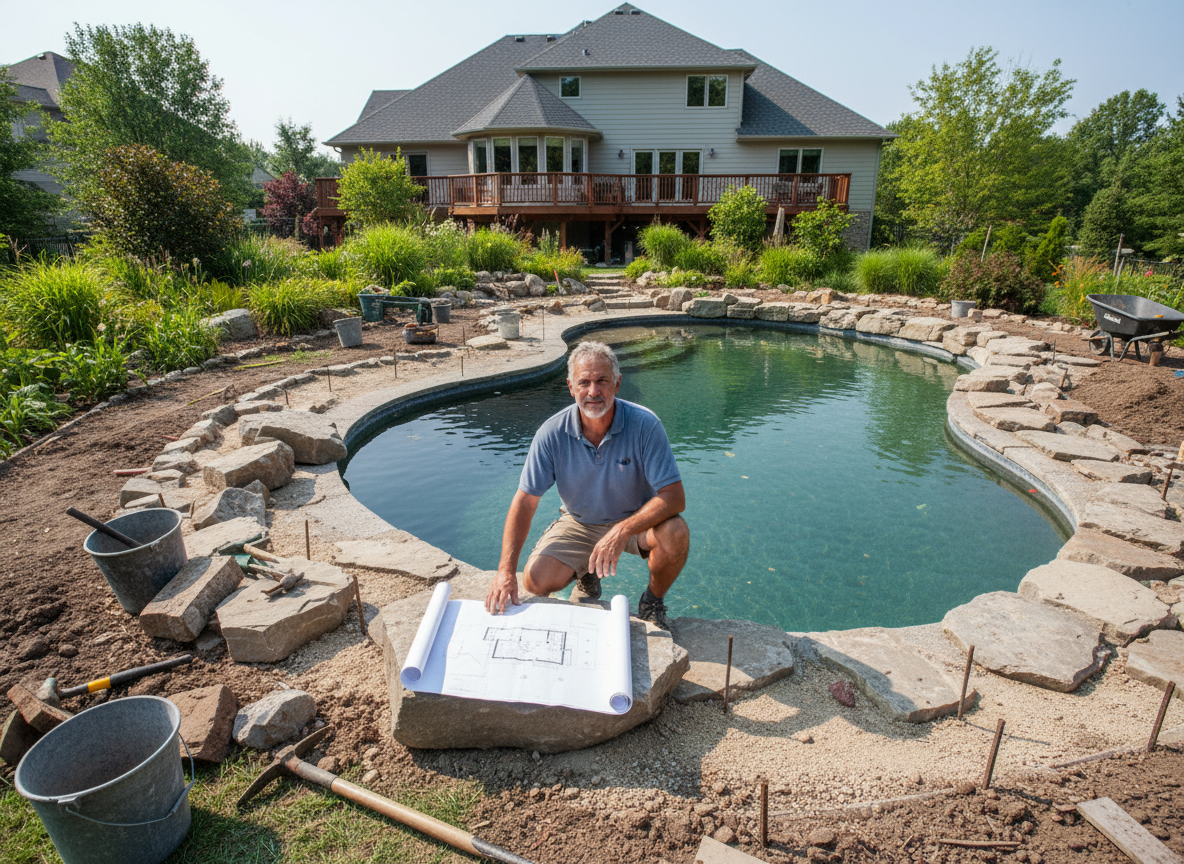 Homme en shorts et polo près d'une piscine naturelle en construction