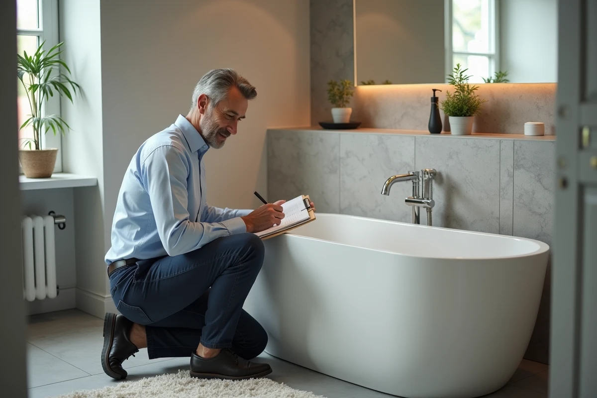 Homme d age moyen prenant des notes près d une baignoire rénovée