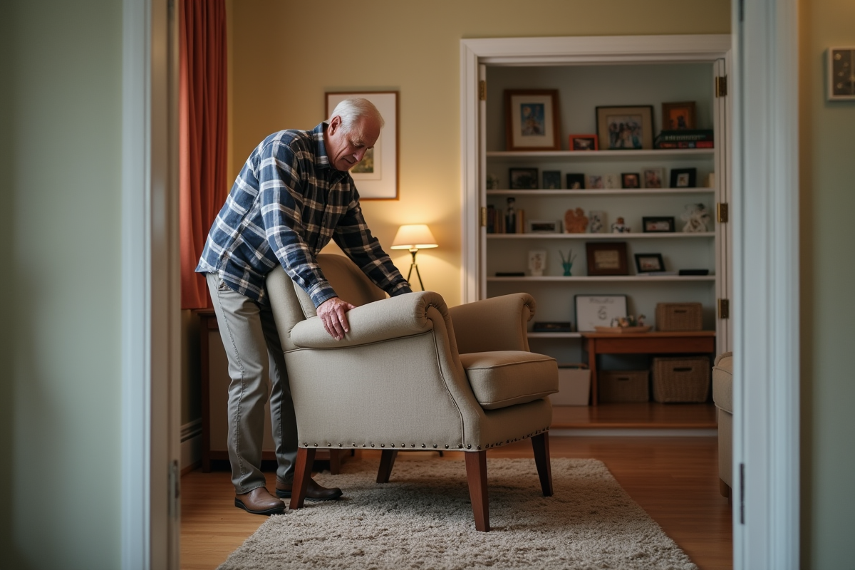 Homme âgé déplaçant un fauteuil dans un intérieur chaleureux