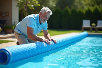 Homme d'âge moyen déployant une couverture à bulles sur la piscine