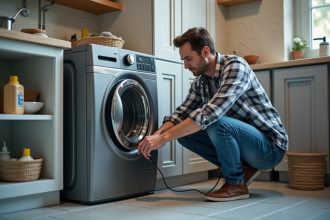 Homme d'âge moyen débranchant un lave-linge dans une buanderie moderne