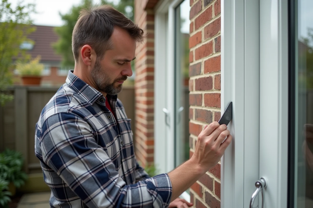 Homme en extérieur retirant un résidu de colle sur une porte PVC
