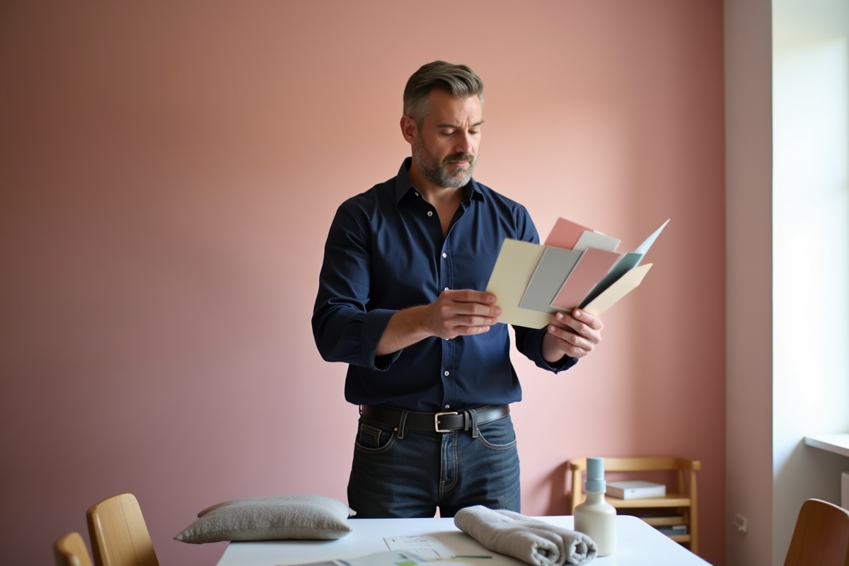 Homme choisissant des échantillons de couleurs dans une salle à manger moderne