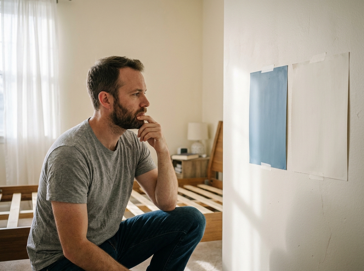 Homme comparant des échantillons de peinture sur un mur de chambre avant de choisir une nouvelle couleur pour rénover son intérieur