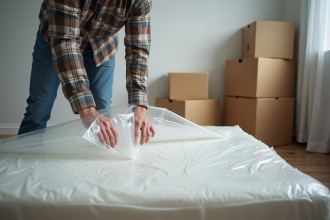 Homme d'âge moyen emballant un matelas dans une pièce