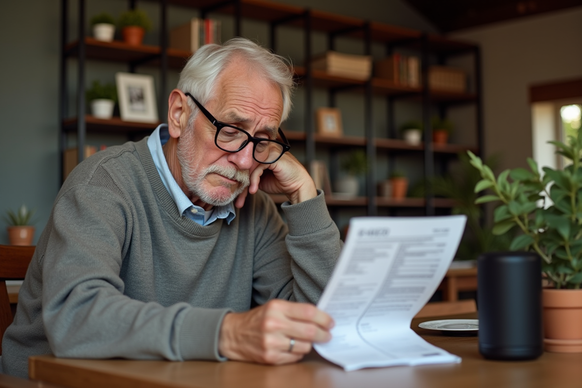 Homme âgé regardant une facture près d’un smart speaker