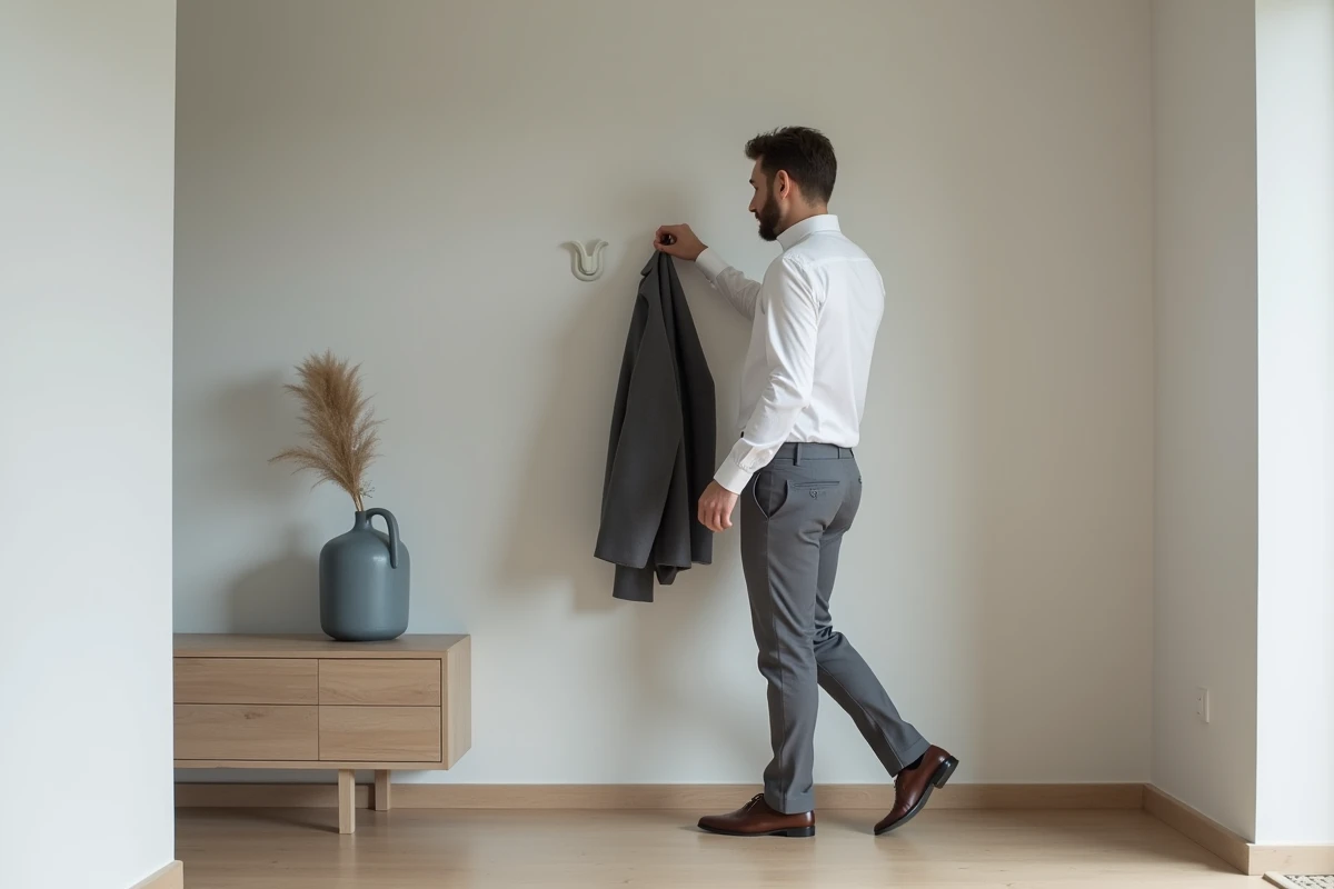 Jeune homme accrochant un manteau dans un hall calme