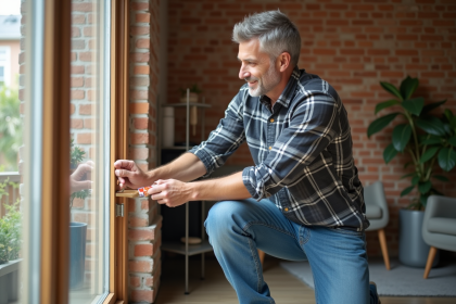 Homme appliquant du joint sur une fenêtre dans un salon cosy