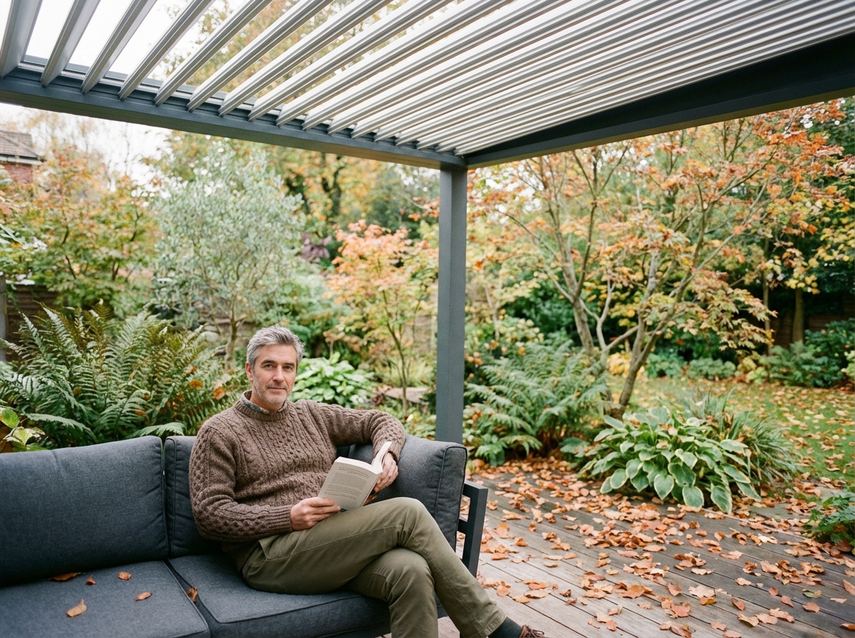 Homme d'âge moyen lisant dans un salon extérieur cosy
