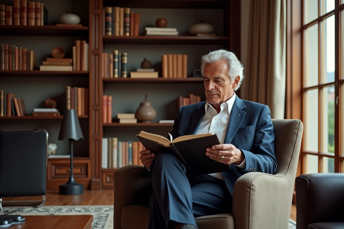 Homme mature feuilletant un livre de design interieur dans une bibliothèque
