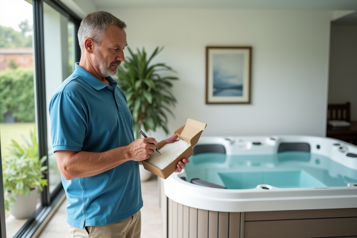 Homme lisant instructions pour entretien spa intérieur