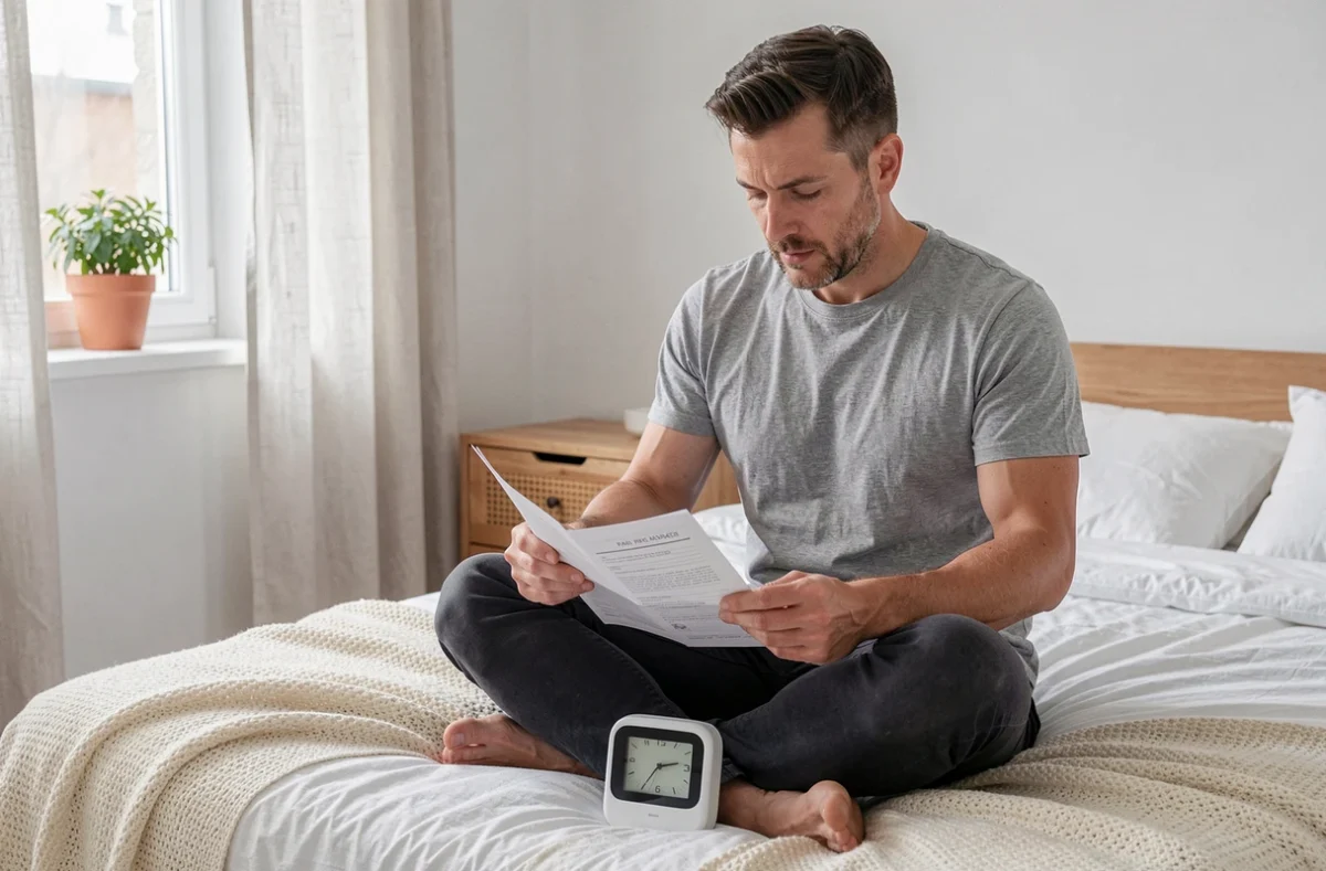 Homme lisant le manuel d'utilisation d'un réveil simulateur d'aube dans une chambre de style scandinave minimaliste