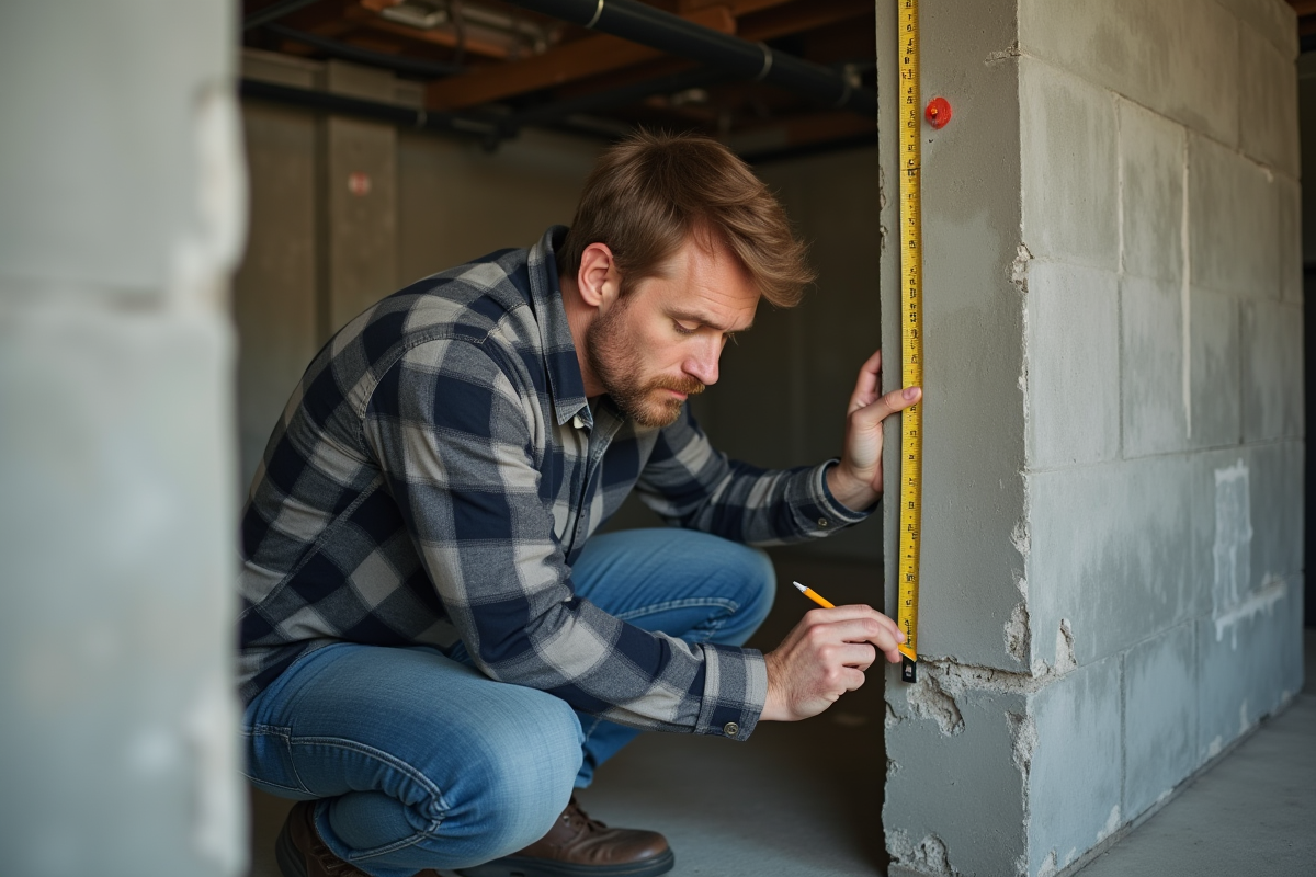 Homme mesurant un mur en beton dans un sous-sol en construction