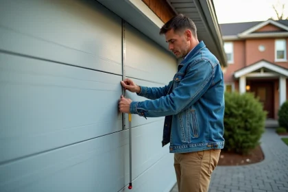 Homme mesurant une porte de garage moderne avec un mètre