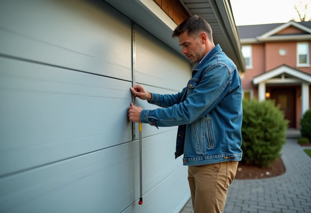 Homme mesurant une porte de garage moderne avec un mètre