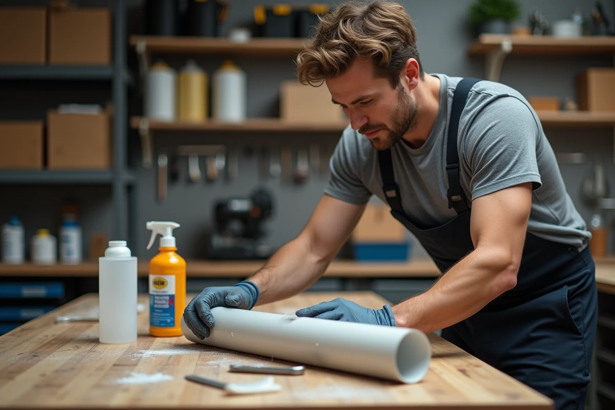 Jeune homme nettoyant un tuyau PVC dans un atelier organisé