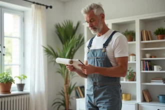 Homme en overalls tenant un rouleau de peinture et un carnet