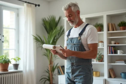 Homme en overalls tenant un rouleau de peinture et un carnet